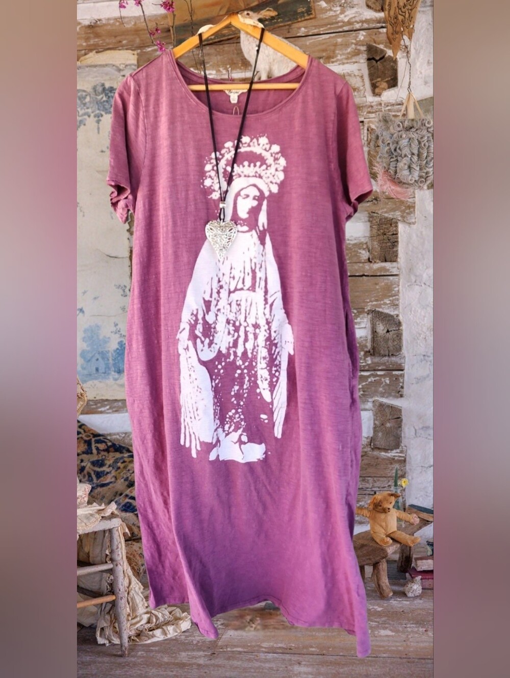 Magnolia Style Free Relaxed Mauve Graphic Long boho Cotton Dress with Pockets M